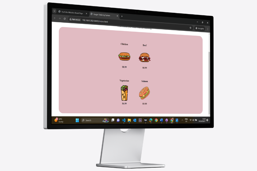 screenshot of the burger ordering system on a desktop